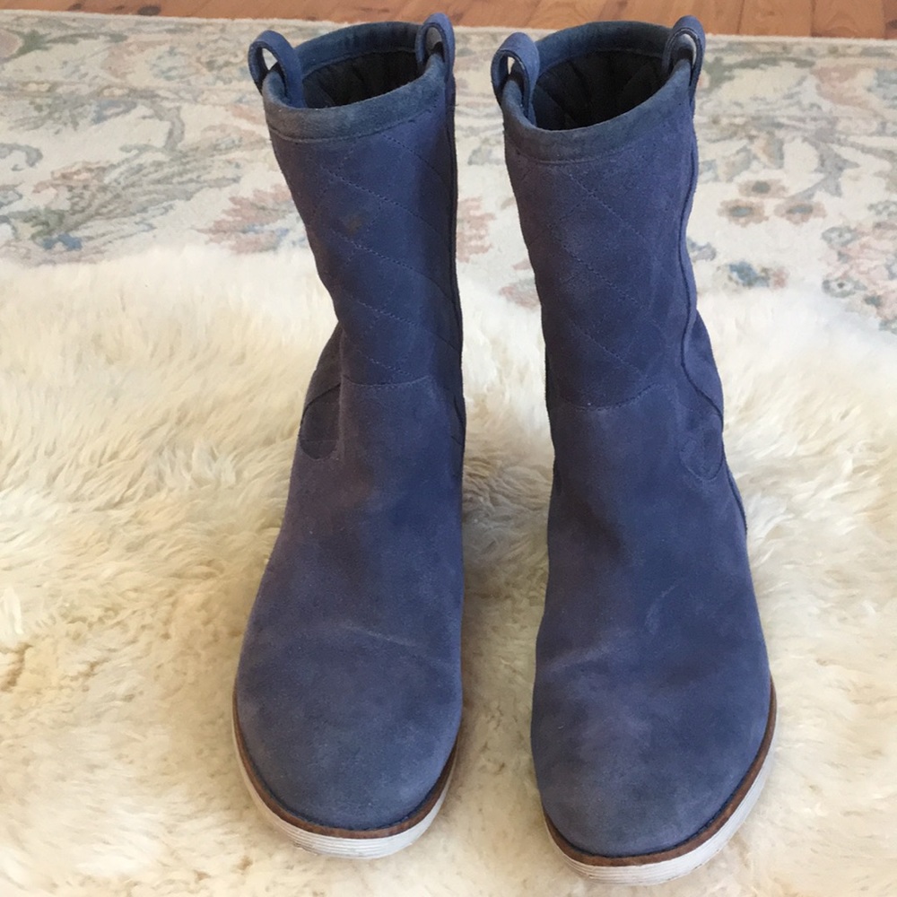 Blue suede Cole Haan water resistant boots.